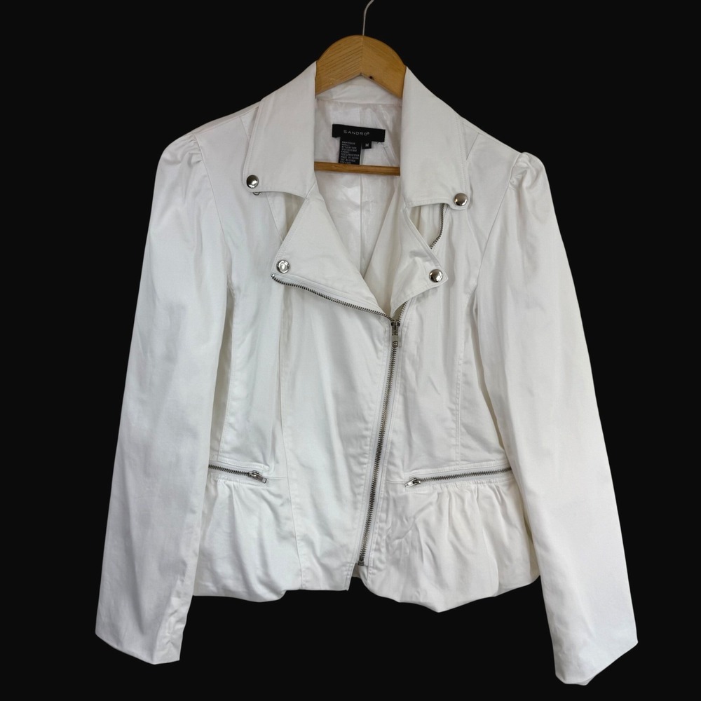 Sandro Moto Jacket White Peplum Asymmetric Zip Cotton Parisian French Girl M